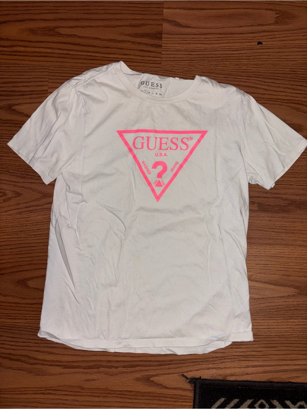 GUESS White Tee with Neon Pink Logo